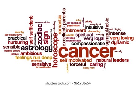 Conceptual word cloud containing words related to personal positive and negative traits and characteristics of zodiac sign Cancer