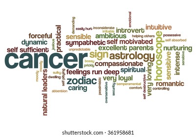 Conceptual word cloud containing words related to personal positive and negative traits and characteristics of zodiac sign Cancer