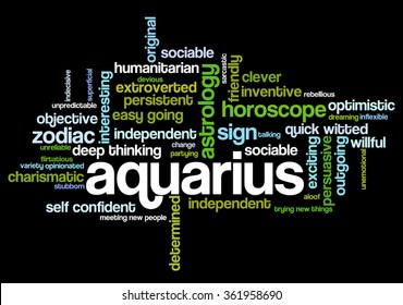 Conceptual word cloud containing words related to personal positive and negative traits and characteristics of zodiac sign Aquarius