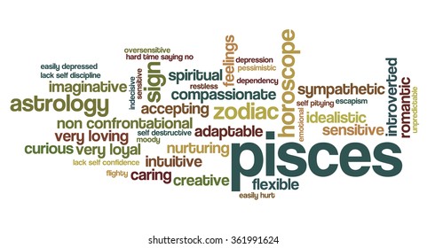 Conceptual word cloud containing words related to personal positive and negative traits and characteristics of zodiac sign Pisces