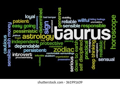 Conceptual word cloud containing words related to personal positive and negative traits and characteristics of zodiac sign Taurus