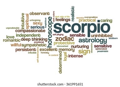 Conceptual word cloud containing words related to personal positive and negative traits and characteristics of zodiac sign Scorpio