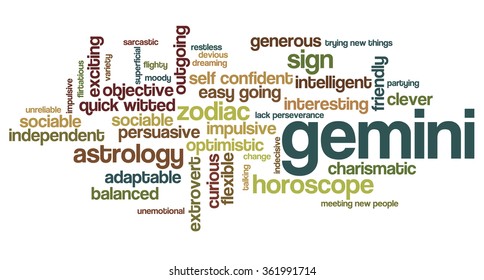 Conceptual word cloud containing words related to personal positive and negative traits and characteristics of zodiac sign Gemini