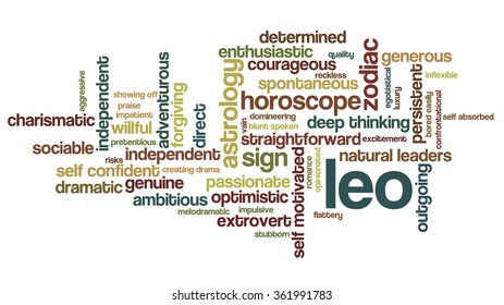 Conceptual word cloud containing words related to personal positive and negative traits and characteristics of zodiac sign Leo