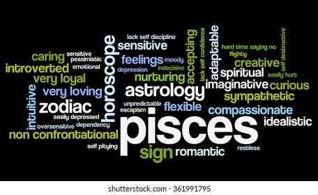 Conceptual word cloud containing words related to personal positive and negative traits and characteristics of zodiac sign Pisces
