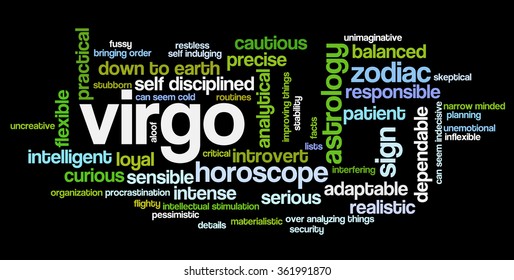 Conceptual word cloud containing words related to personal positive and negative traits and characteristics of zodiac sign Virgo