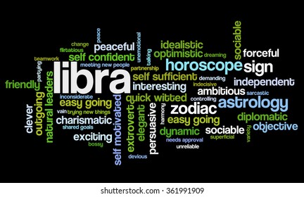 Conceptual word cloud containing words related to personal positive and negative traits and characteristics of zodiac sign Libra