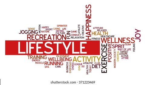 Conceptual word cloud containing words related to healthy lifestyle, wellness, activity, exercise, dieting, recreation and happiness