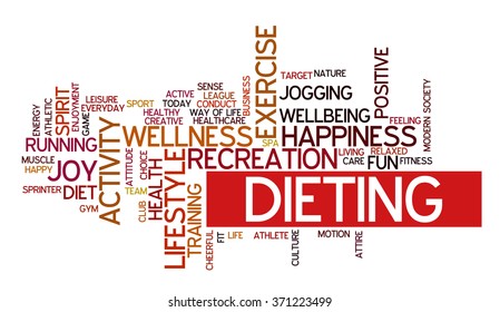 Conceptual word cloud containing words related to healthy lifestyle, wellness, activity, exercise, dieting, recreation and happiness
