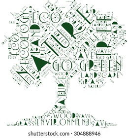 Conceptual word cloud in the form of a green tree on the theme of ecology and nature