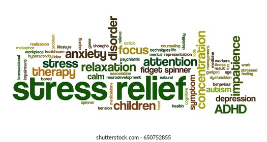 Conceptual word cloud related to stress management, ADHD, stress relief, anxiety, concentration problems and hyperactivity; word "stress relief" emphasized