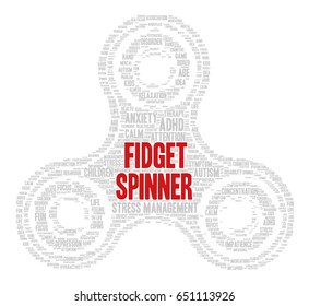 Conceptual word cloud in the shape of fidget spinner related to stress management, ADHD, stress relief, anxiety, concentration problems and hyperactivity; word "fidget spinner" emphasized
