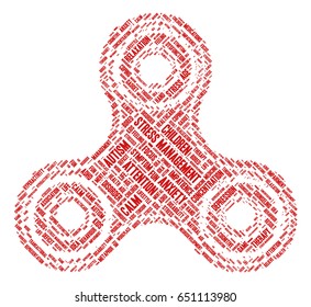 Conceptual word cloud in the shape of fidget spinner related to stress management, ADHD, stress relief, anxiety, concentration problems and hyperactivity; words sloped downwards