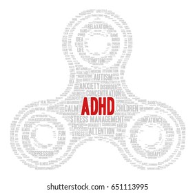 Conceptual word cloud in the shape of fidget spinner related to stress management, ADHD, stress relief, anxiety, concentration problems and hyperactivity; word "ADHD" emphasized