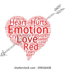 Conceptual word cloud in the shape of a red heart and arrow
