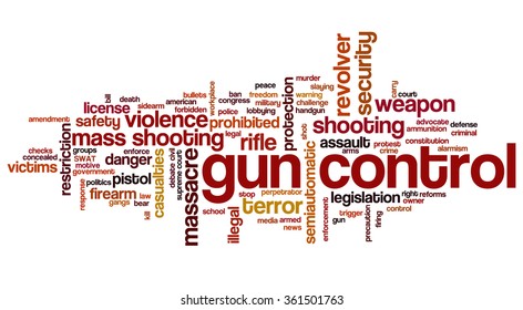Conceptual word cloud with terms related to gun control, mass shootings and gun control policies