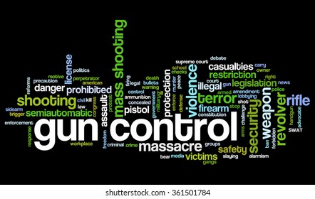 Conceptual word cloud with terms related to gun control, mass shootings and gun control policies