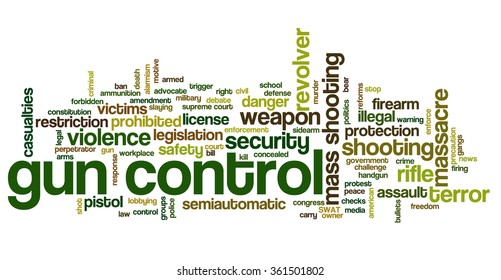 Conceptual word cloud with terms related to gun control, mass shootings and gun control policies