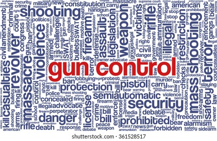 Conceptual word cloud with terms related to gun control, mass shootings and gun control policies