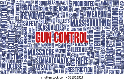 Conceptual word cloud with terms related to gun control, mass shootings and gun control policies
