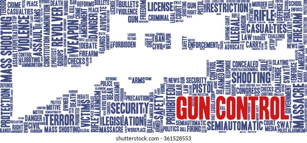 Conceptual word cloud with terms related to gun control, mass shootings and gun control policies, in shape of a rifle, inverted
