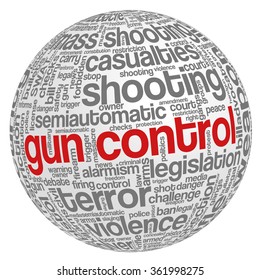 Conceptual word cloud with terms related to gun control, mass shootings and gun control policies, in shape of sphere