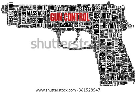 Conceptual word cloud with terms related to gun control, mass shootings and gun control policies, in shape of a gun