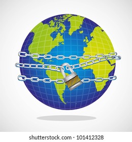 conceptual world with chain and padlock isolated on white background vector illustration