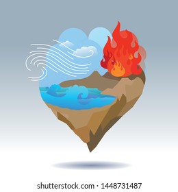 Conceptualised illustration of four elements, earth wind water and fire. balancing on one whole island