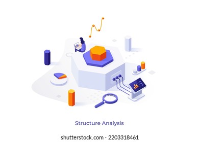 Conceptusl template with woman sitting on hexagonal chart connected to control panel and working on laptop computer. Scene for structural analysis. Modern isometric vector illustration for webpage.