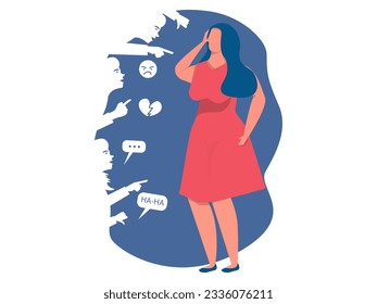 ​​Bullying concept,woman depressed with People bullying a girl on message bubbles with body shaming and bullying concept abuse concept. Vector flat cartoon illustration