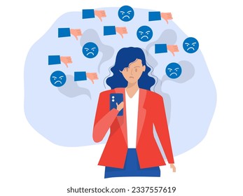 ​​Cyber ​​Bullying concept,woman looking at dislikes and negative comments on social network, Cyber bullying  online abuse concept. funny vector illustrator