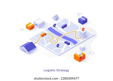 Concepual template with trucks on city map, boxes, warehouse. Scene for global logistics strategy, cargo transportation and freight forwarding services. Modern isometric vector illustration.