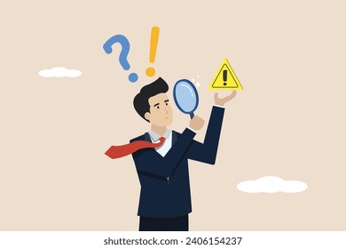 Concern or hesitant to take a decision, worried about a problem or issue, concept of disbelief or problem, businessman holding an exclamation mark with concern to solve the problem.