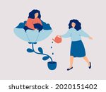 Concern for others. Woman watering and growth flower in which happy girl sits. Tutor cares about the child. Mental health concept. Vector illustration