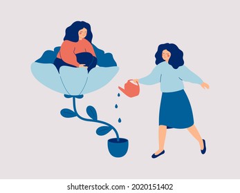 Concern for others. Woman watering and growth flower in which happy girl sits. Tutor cares about the child. Mental health concept. Vector illustration