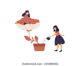 Concern For Others. Woman Watering And Growth Flower In Which Happy Girl Sits. Tutor Cares About The Child. Mental Health Concept. Vector Illustration