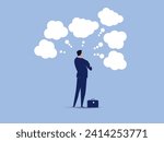 Concerned or anxiety concept, Too many thinking ideas, overwhelmed issues or busy problem to be solved, contemplation solutions for trouble, businessman thinking with many thinking bubbles.
