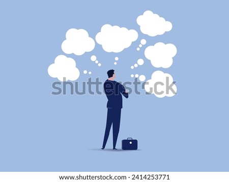 Concerned or anxiety concept, Too many thinking ideas, overwhelmed issues or busy problem to be solved, contemplation solutions for trouble, businessman thinking with many thinking bubbles.
