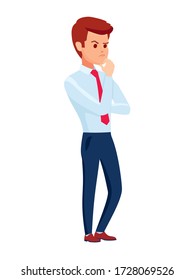 Concerned businessman cartoon character wondering about something, in shirt standing up straight. Young man with thoughtful look. Vector illustration  on a white background flat style.