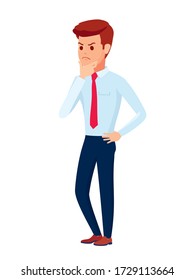 Concerned businessman cartoon character wondering about something., in shirt standing up straight. Young man with thoughtful look. Vector illustration  on a white background flat style.              