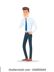 Concerned businessman cartoon character wondering about something, in shirt standing up straight. Young man with thoughtful look. Vector illustration  on a white background flat style.