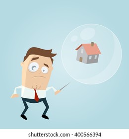 concerned businessman with house in a soapbubble and a needle