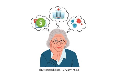 En esta ilustración, una mujer mayor preocupada piensa acerca de problemas financieros y de salud relacionados con virus y hospitales.