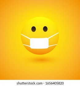 Concerned Emoticon with Open Eyes and Medical Mask on Yellow Background - Vector Design