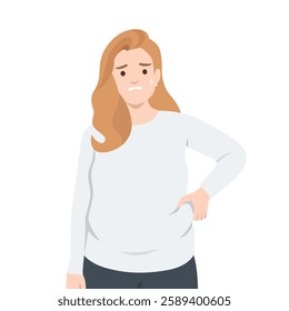 Concerned Fat Woman with Body Image Issues looking distressed as she pinches her stomach. Flat vector illustration isolated on white background