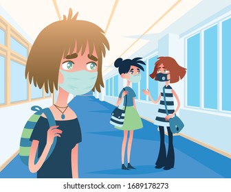Concerned girl in medical mask looks at two masked friends who are talking, not keeping their distance from each other. Vector illustration of situation in hospital corridor. Covid-19 pandemic.