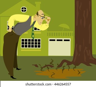 Concerned man looking at a puddle of sewage on the lawn, coming from an overflown septic tank, EPS 8 vector illustration 