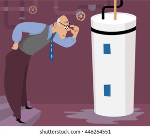 Concerned man looking at a puddle of water, leaking from a water heater, EPS 8 vector illustration 