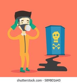 Concerned man in respirator and radiation protective suit clutching his head. Young man in radiation suit looking at leaking barrel with radiation sign. Vector flat design illustration. Square layout.